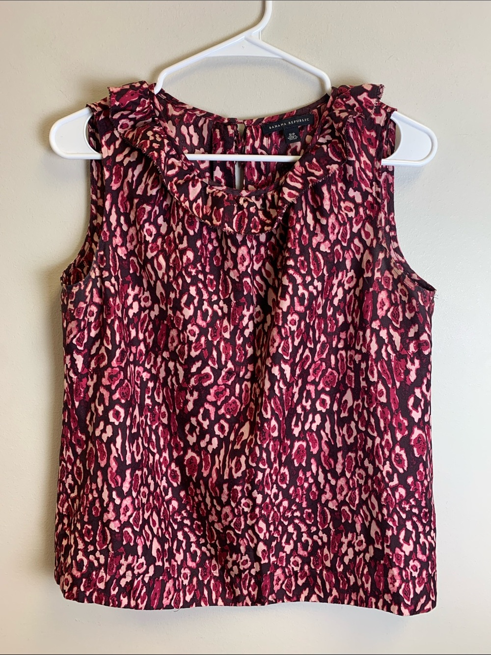 Banana Republic Magenta and Black Leopard Ruffle-Neck Camisole Silk